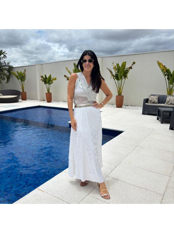 Saia Feminina Longa Paetê - Branco