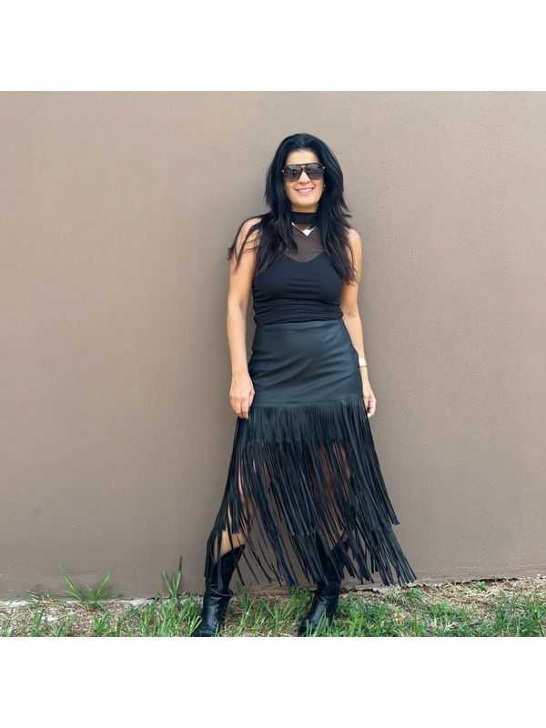 Saia Feminina Midi Franjas - Preto