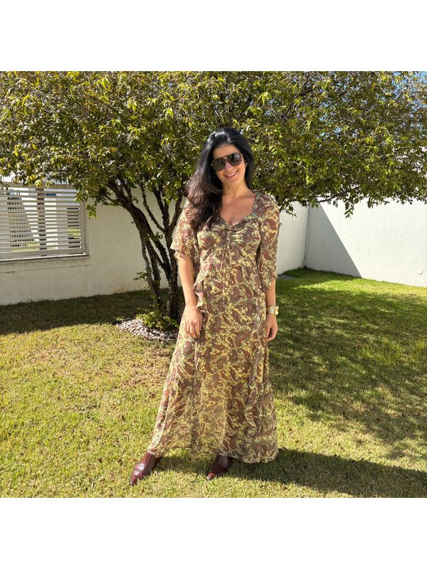 Vestido Feminino Babados Paisley - Amarelo