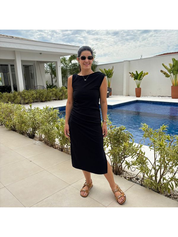 Vestido Feminino Canelado Drapeado - Preto