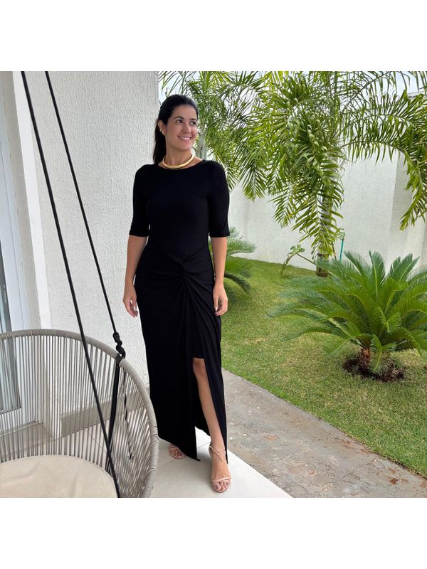 Vestido Feminino Longo Canelado - Preto