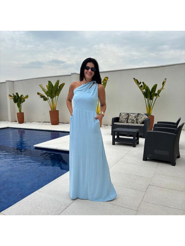 Vestido Feminino Longo Detalhe Ombro - Azul Claro