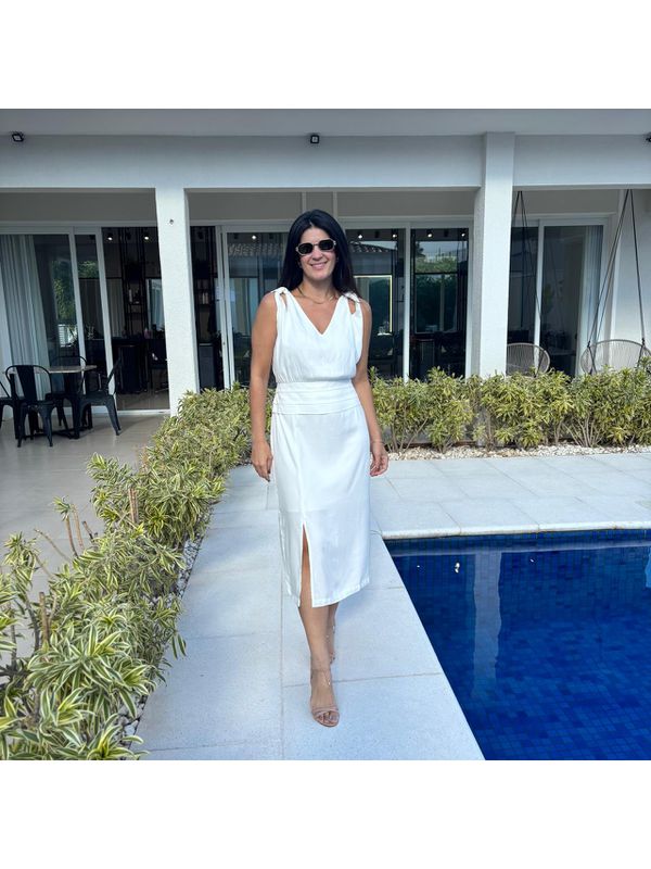 Vestido Feminino Pregas Midi - Off White