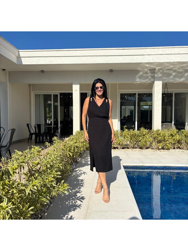 Vestido Feminino Pregas Midi - Preto