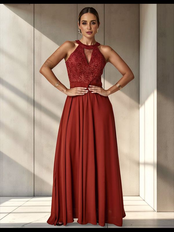 Vestido Longo Gola Americana Com Renda E Chiffon –... - Comprou Já