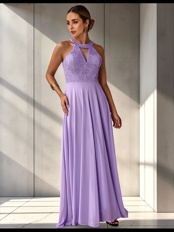 Vestido Longo Gola Americana Com Renda E Chiffon –... - Comprou Já