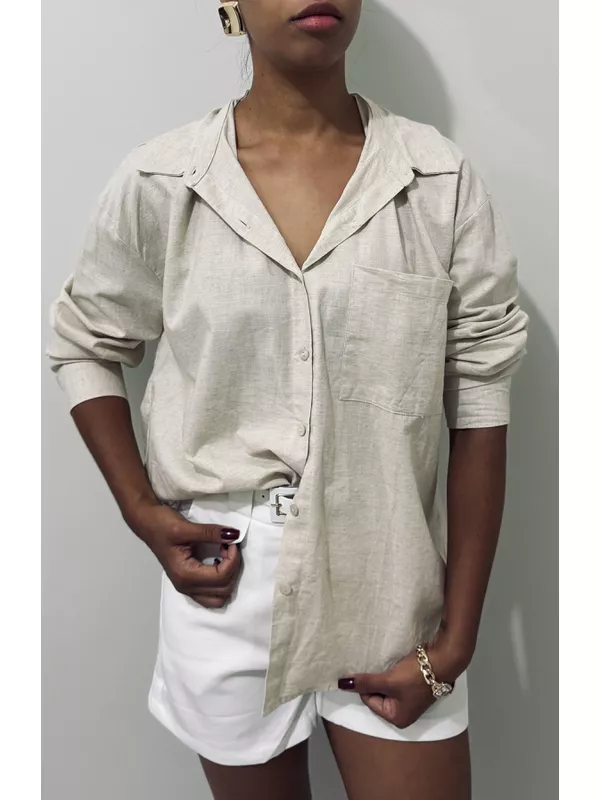Camisa Feminina em Linho com Algodão - Manga Longa, Cor Bege, Elegância e Conforto