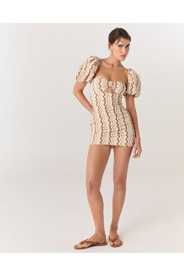 VESTÔ MAIÔ E VESTIDO RETRÔ COM MANGAS BUFANTES ESTAMPADA WAVES ROBERTA 
