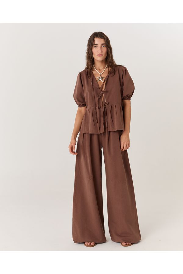 CALÇA ALFAIATARIA PANTALONA DE LINHO MARROM VICKY