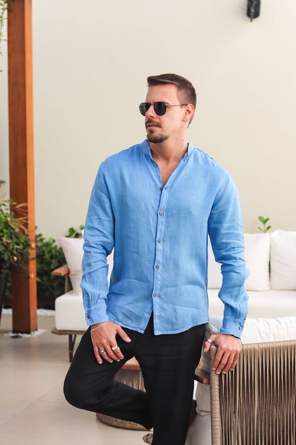 Camisa Masculina Enrico Linho Italiano Azul Hortên... - Loja Linho Italiano