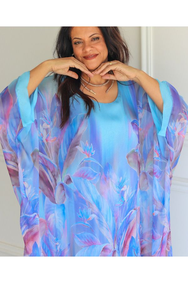 Kaftan Raquel Seda Italiana Azul Turquesa - Loja Linho Italiano