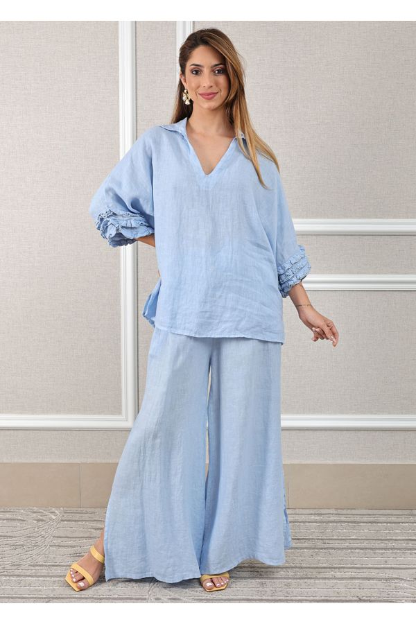Conjunto Eduarda Linho Italiano Azul Bebe - Loja Linho Italiano