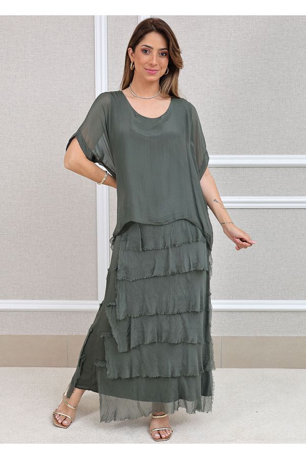 Vestido Julia Seda Italiana Verde Militar . - Loja Linho Italiano