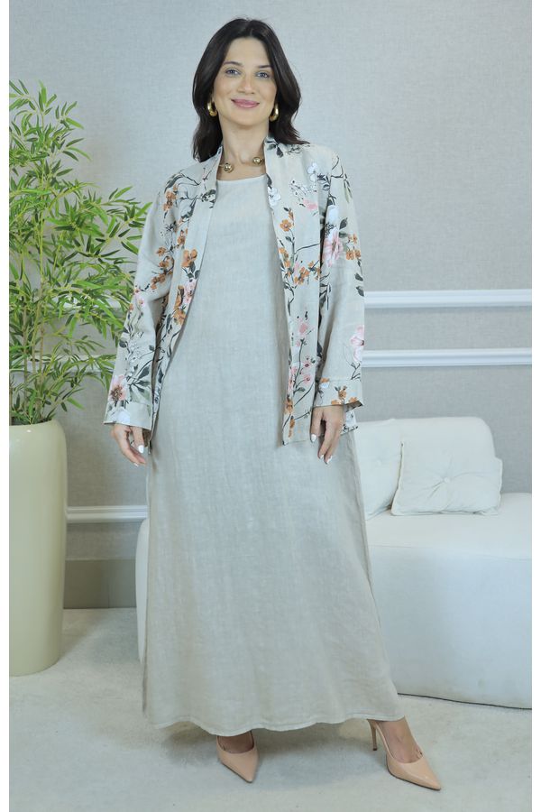 VESTIDO ANA COM CASAQUETO ANA BEGE - Loja Linho Italiano