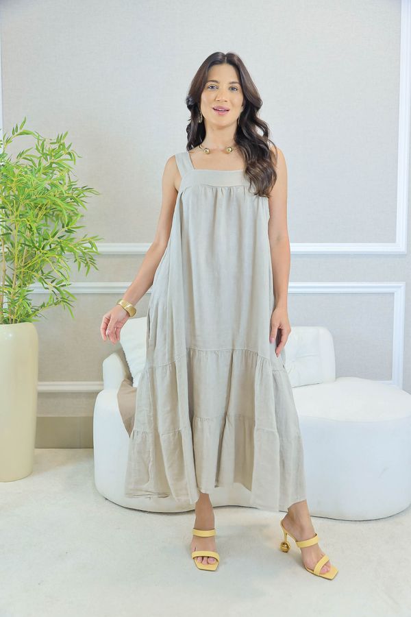 VESTIDO LUNA BEGE ESCURO - Loja Linho Italiano