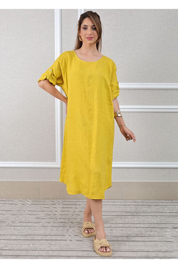 Vestido Flavia Linho Italiano Mostarda - Loja Linho Italiano