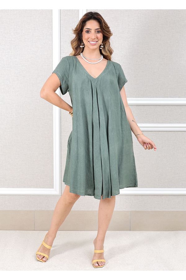 Vestido Aurora Linho Italiano Verde Militar - Loja Linho Italiano