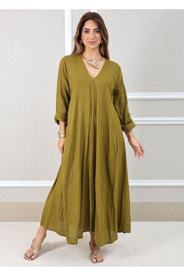 Vestido Regina Linho Italiano Verde Musgo - Loja Linho Italiano