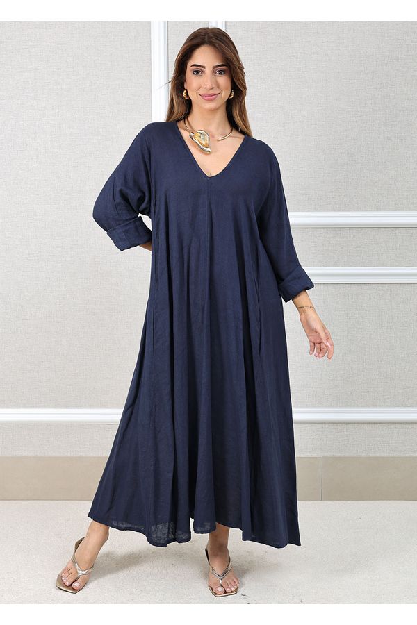 Vestido Regina Linho Italiano Azul Marinho - Loja Linho Italiano