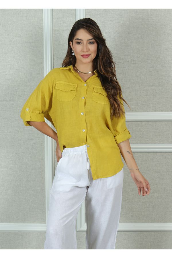 Camisa Clássica Linho Italiano Mostarda - Loja Linho Italiano