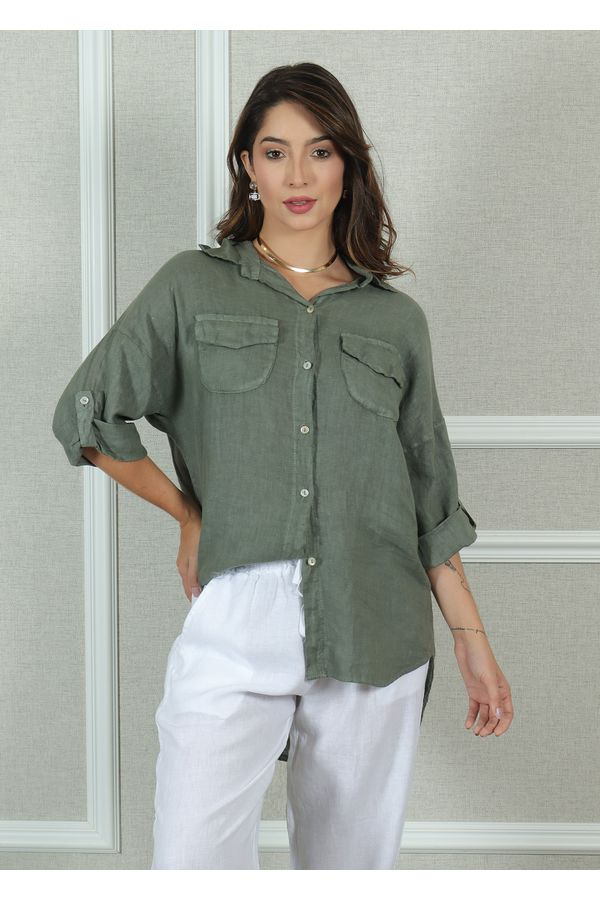 Camisa Clássica Linho Italiano Verde Militar - Loja Linho Italiano