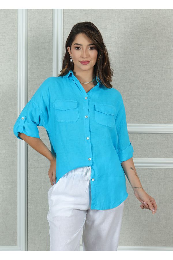 Camisa Clássica Linho Italiano Azul Turquesa - Loja Linho Italiano
