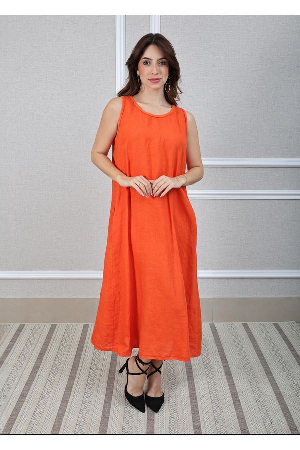 Vestido Eliane Linho Italiano Laranja - Loja Linho Italiano