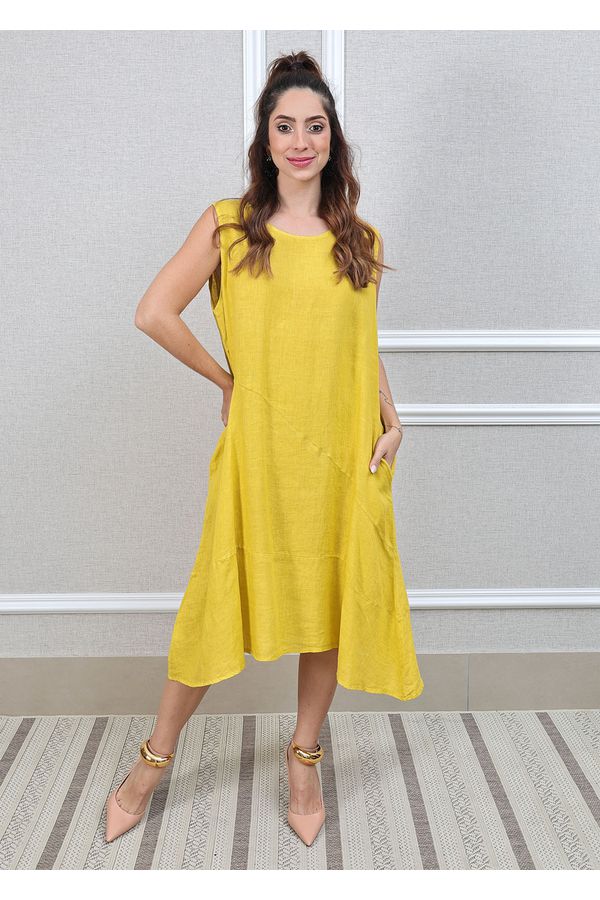 Vestido Lavinia Linho Italiano Mostarda - Loja Linho Italiano