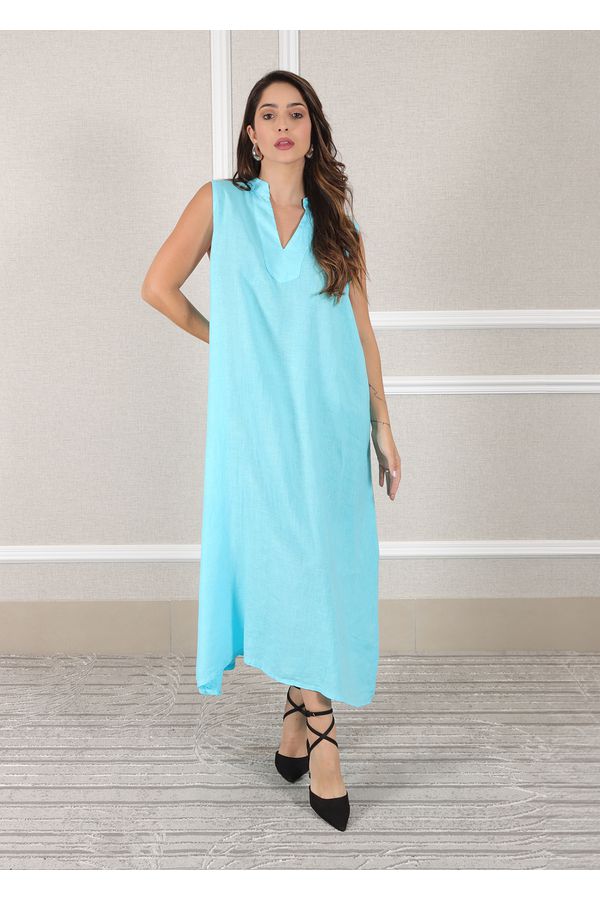 Vestido Luana Linho Italiano Azul Turquesa . - Loja Linho Italiano