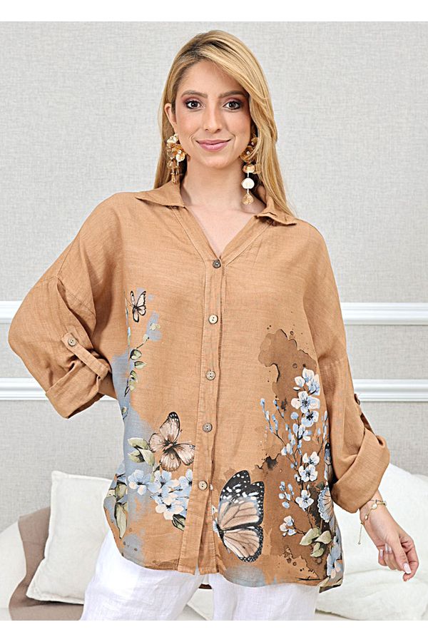 CAMISA MARIA ELOÁ CARAMELO - Loja Linho Italiano