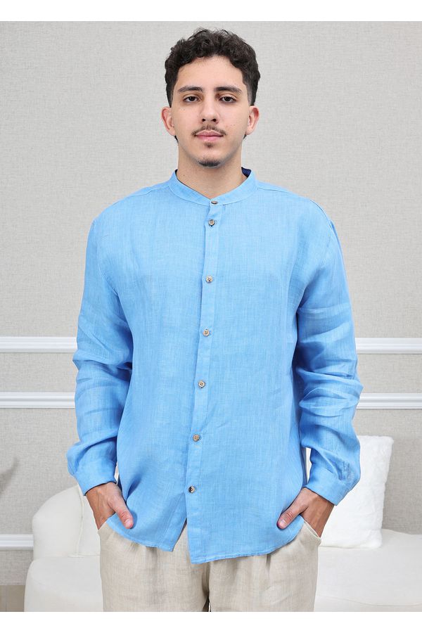 Camisa Masculina Enrico Linho Italiano Azul Hortên... - Loja Linho Italiano