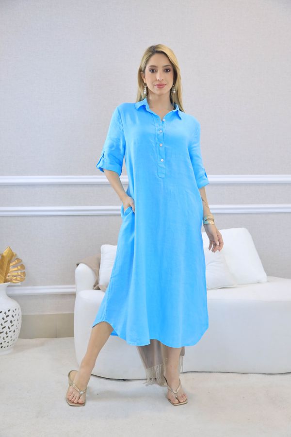 VESTIDO ESTEFÂNIA AZUL CELESTE - Loja Linho Italiano