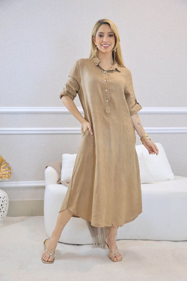 VESTIDO ESTEFÂNIA CAPUCCINO - Loja Linho Italiano