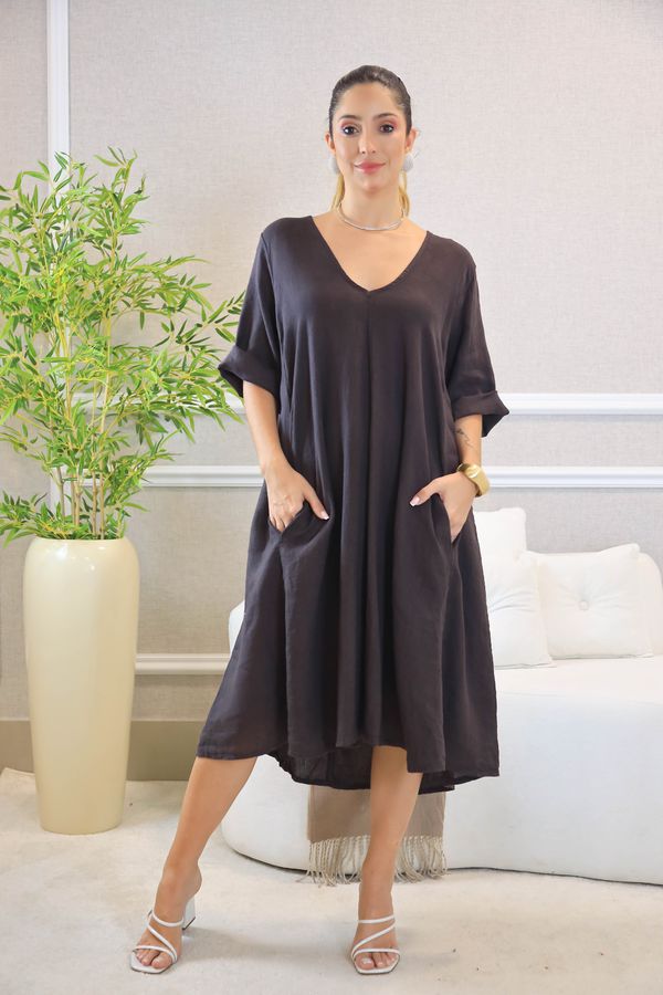 VESTIDO SELENA MARROM - Loja Linho Italiano