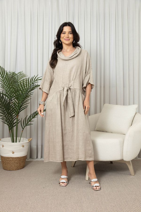 VESTIDO MIRELA BEGE ESCURO - Loja Linho Italiano