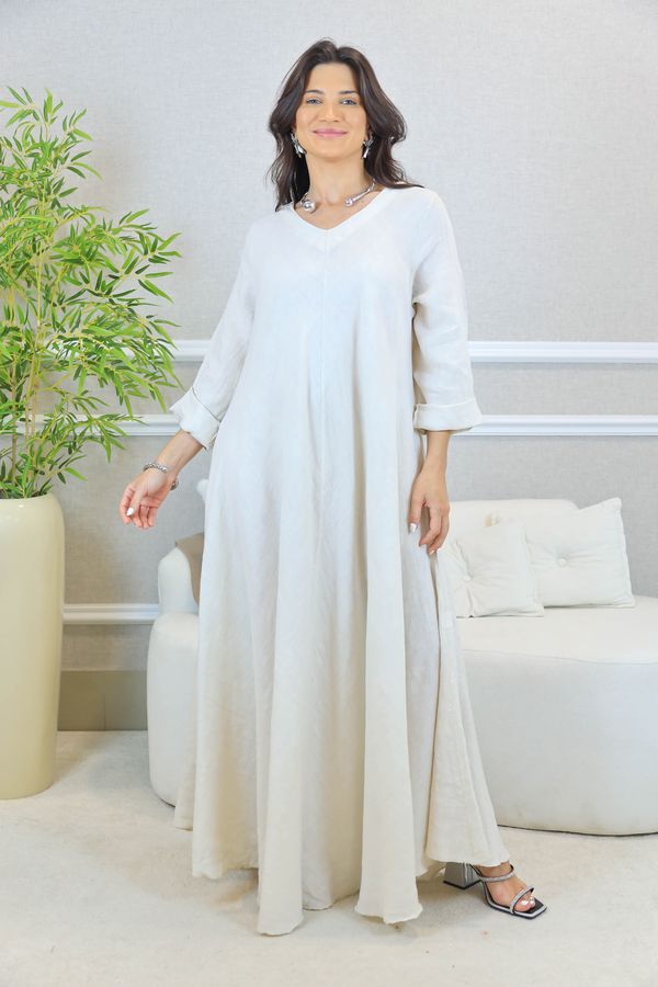 VESTIDO ANYAH BEGE - Loja Linho Italiano