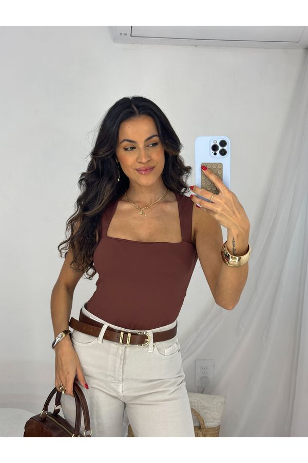Body Decote Quadrado Marrom Misey