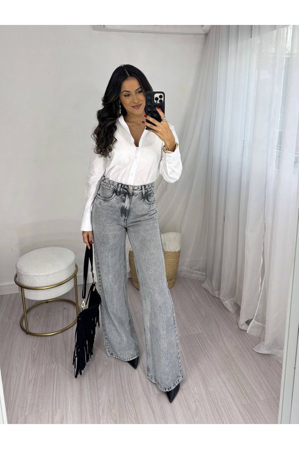 Calça Wide Leg Jeans Cinza Estonada Kendal