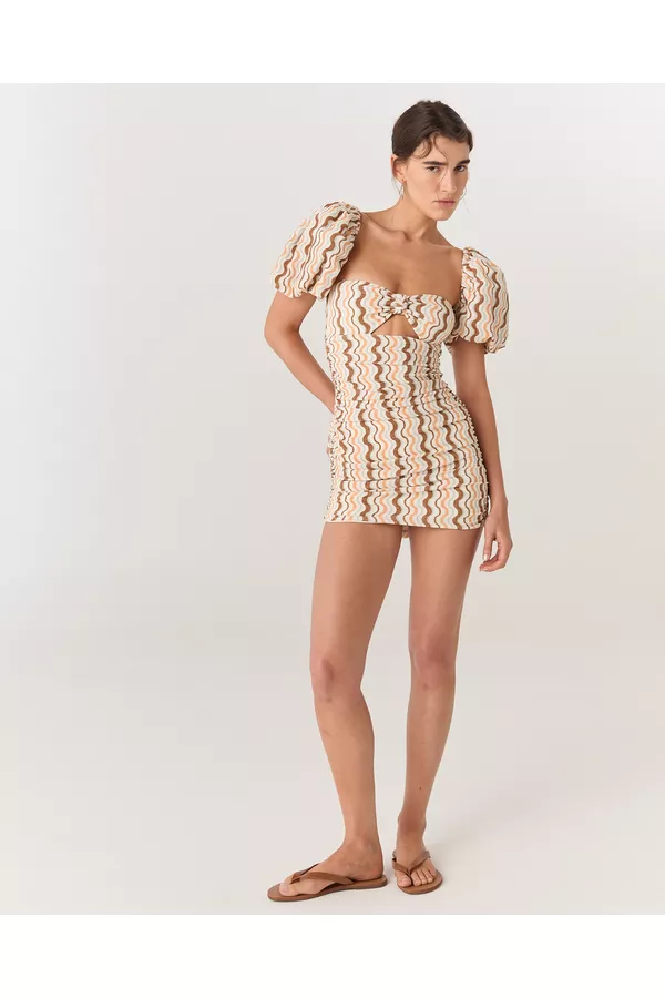 VESTÔ MAIÔ E VESTIDO RETRÔ COM MANGAS BUFANTES ESTAMPADA WAVES ROBERTA 