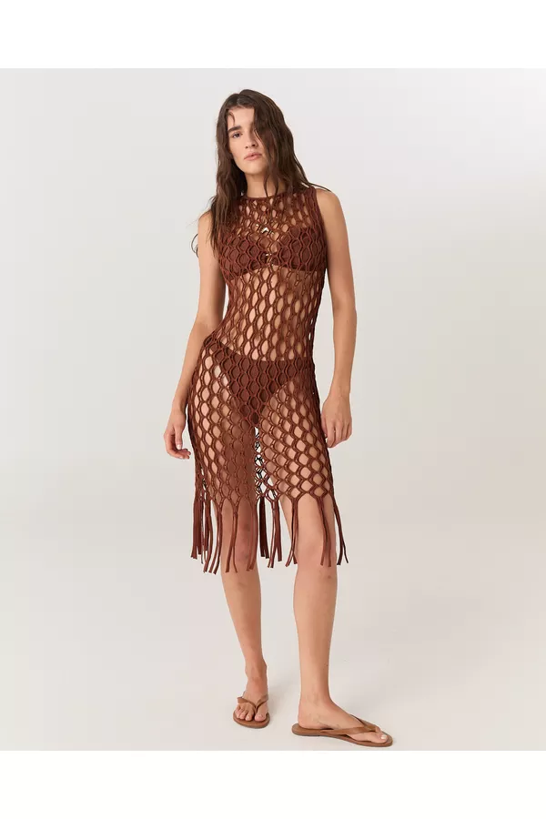 VESTIDO HANNA MIDI MACRAME MARROM 