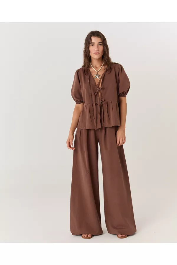CALÇA ALFAIATARIA PANTALONA DE LINHO MARROM VICKY