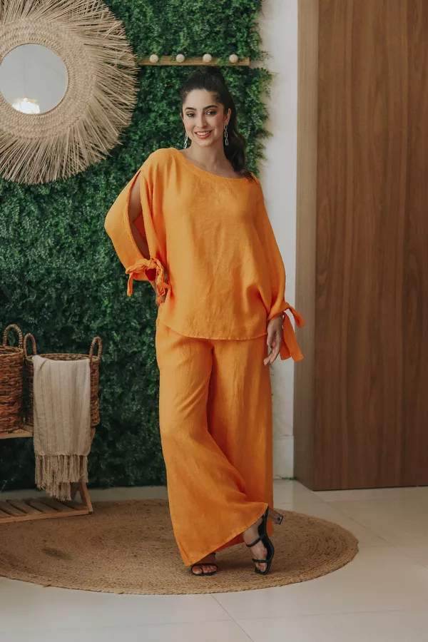 Conjunto Ana Linho Italiano Laranja - Loja Linho Italiano