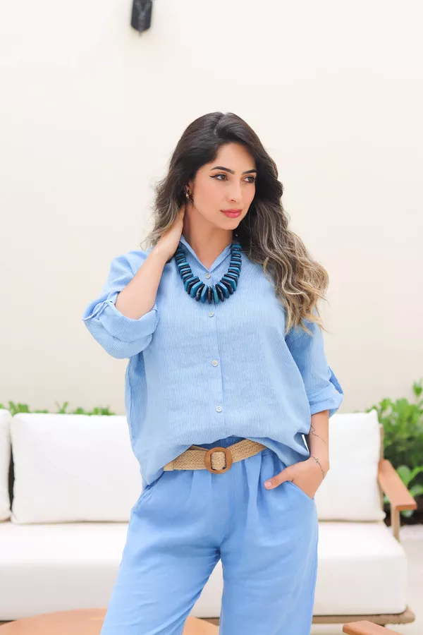 Conjunto Samira Linho Italiano Azul Hortênsia - Loja Linho Italiano