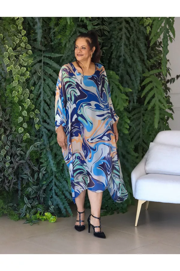 Kaftan Marta Seda Italiana Azul Marinho - Loja Linho Italiano