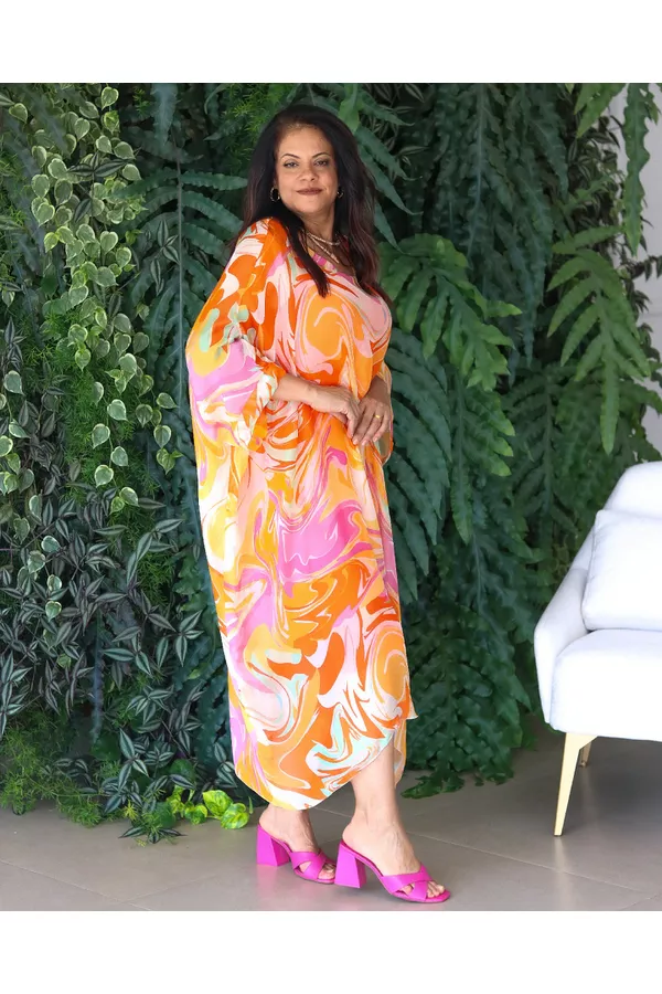 Kaftan Marta Seda Italiana Laranja - Loja Linho Italiano