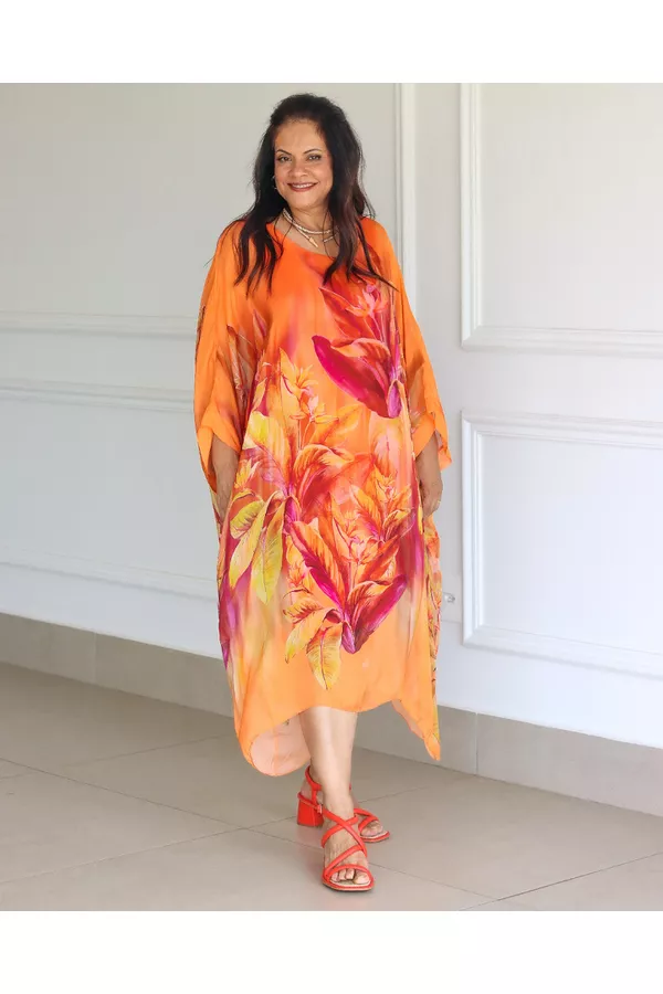 Kaftan Raquel Seda Italiana Laranja - Loja Linho Italiano