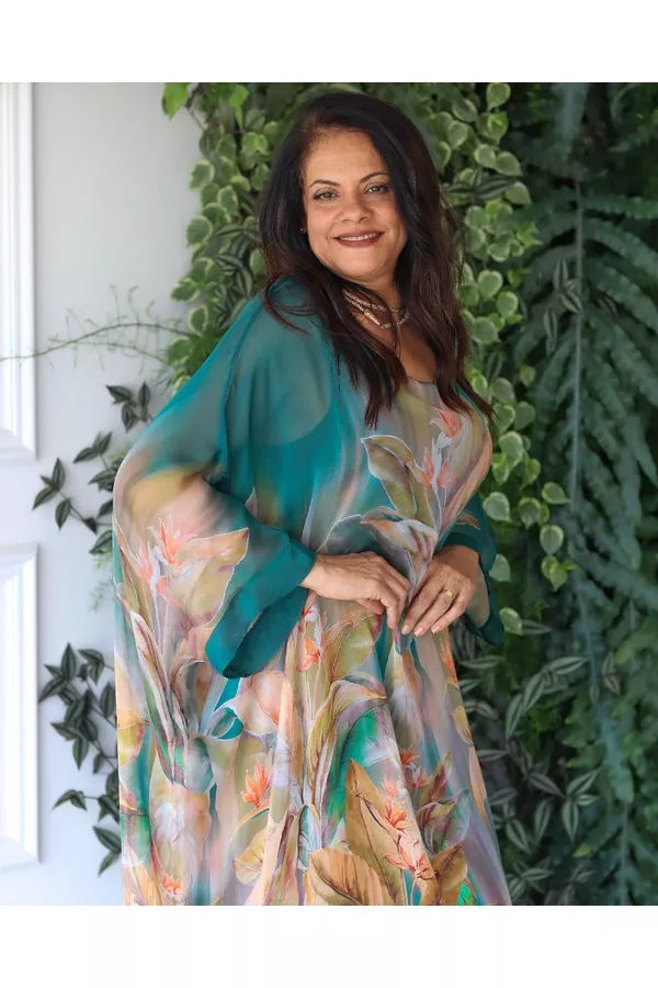 Kaftan Raquel Seda Italiana Verde Musgo - Loja Linho Italiano