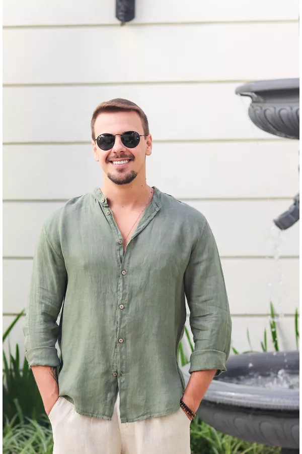 Camisa Masculina Enrico Linho Italiano Verde Milit... - Loja Linho Italiano
