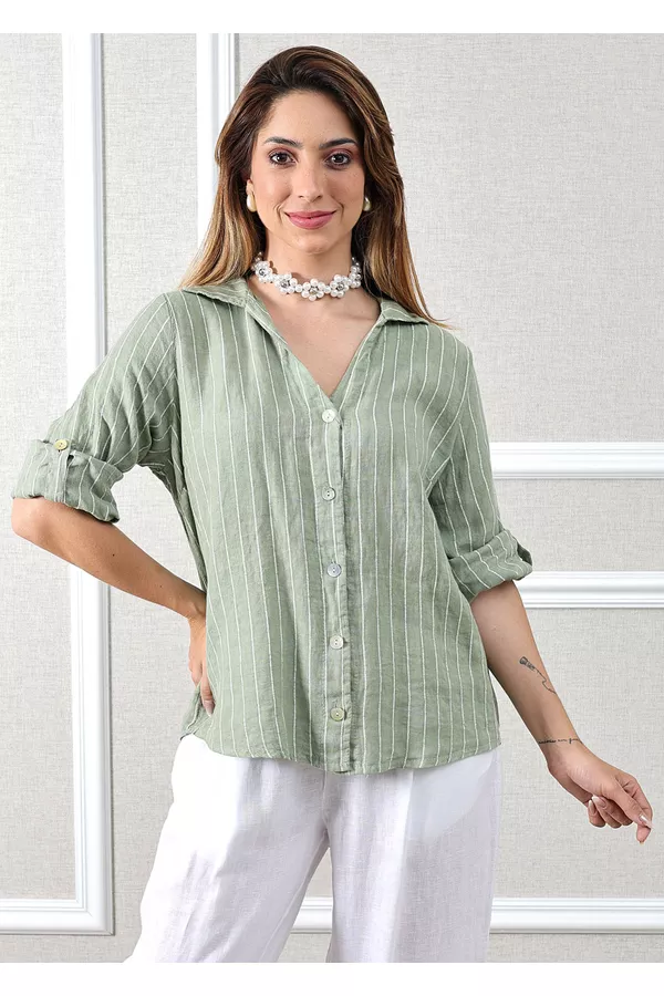 Camisa Celia Linho Italiano Verde Água - Loja Linho Italiano