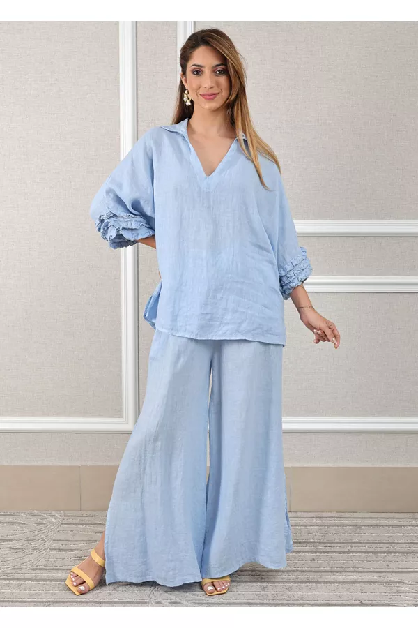Conjunto Eduarda Linho Italiano Azul Bebe - Loja Linho Italiano